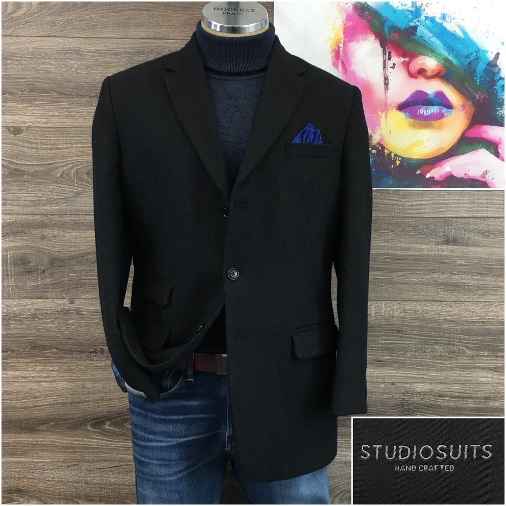 Studio Suits Men's Long Coat Over Coat Wool Sports Jacket 40R Men Black Trench‎